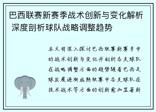 巴西联赛新赛季战术创新与变化解析 深度剖析球队战略调整趋势